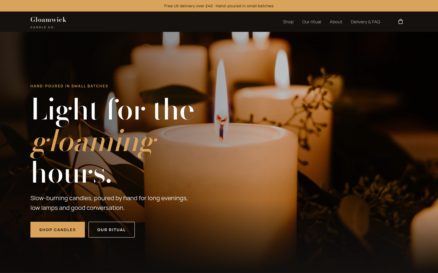 Homepage of the Gloamwick Candle Co. concept demo